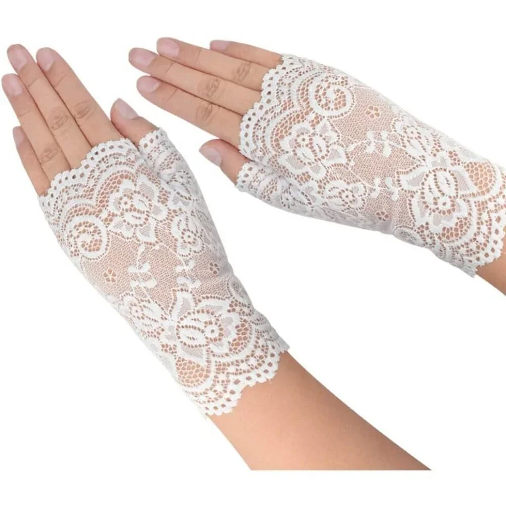 Women's 2 Pair Black White Lace Fingerless Gloves Party Prom Costume Accessories